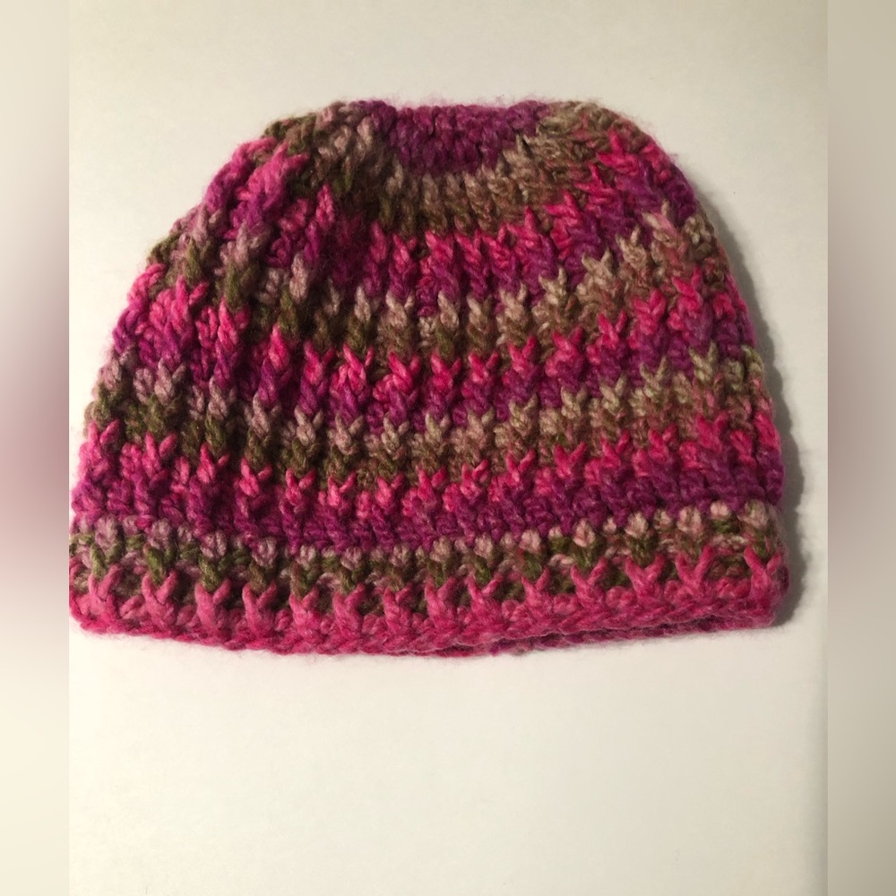 Handmade crochet knit winter‎ hat with pony hole pink and brown tones fits women